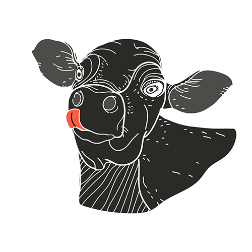 A stylized black-and-white cow illustration with a small red tongue sticking out, centered on a plain white background.