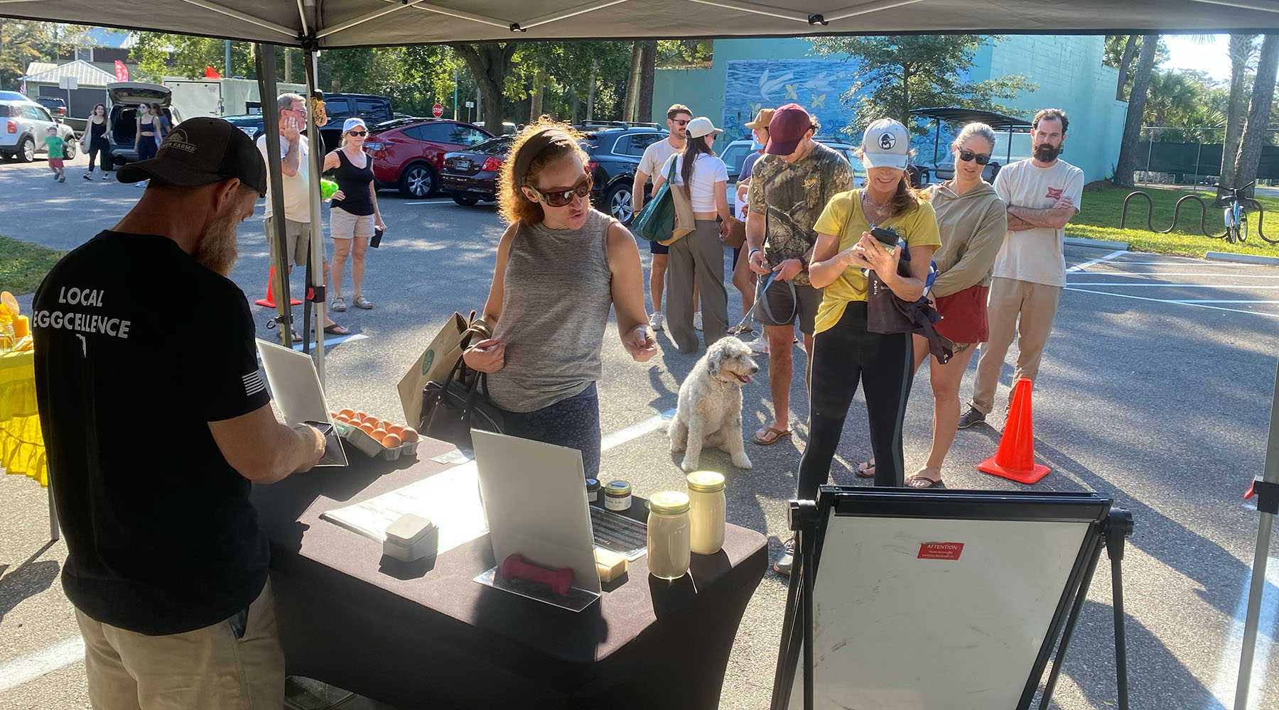 A bustling outdoor booth under a canopy at a farmers' market, with several people gathered around a Clover Farms table displaying products like eggs and tallow. A woman in a gray sleeveless top and sunglasses is in the center, while others look on or interact with the booth staff.
